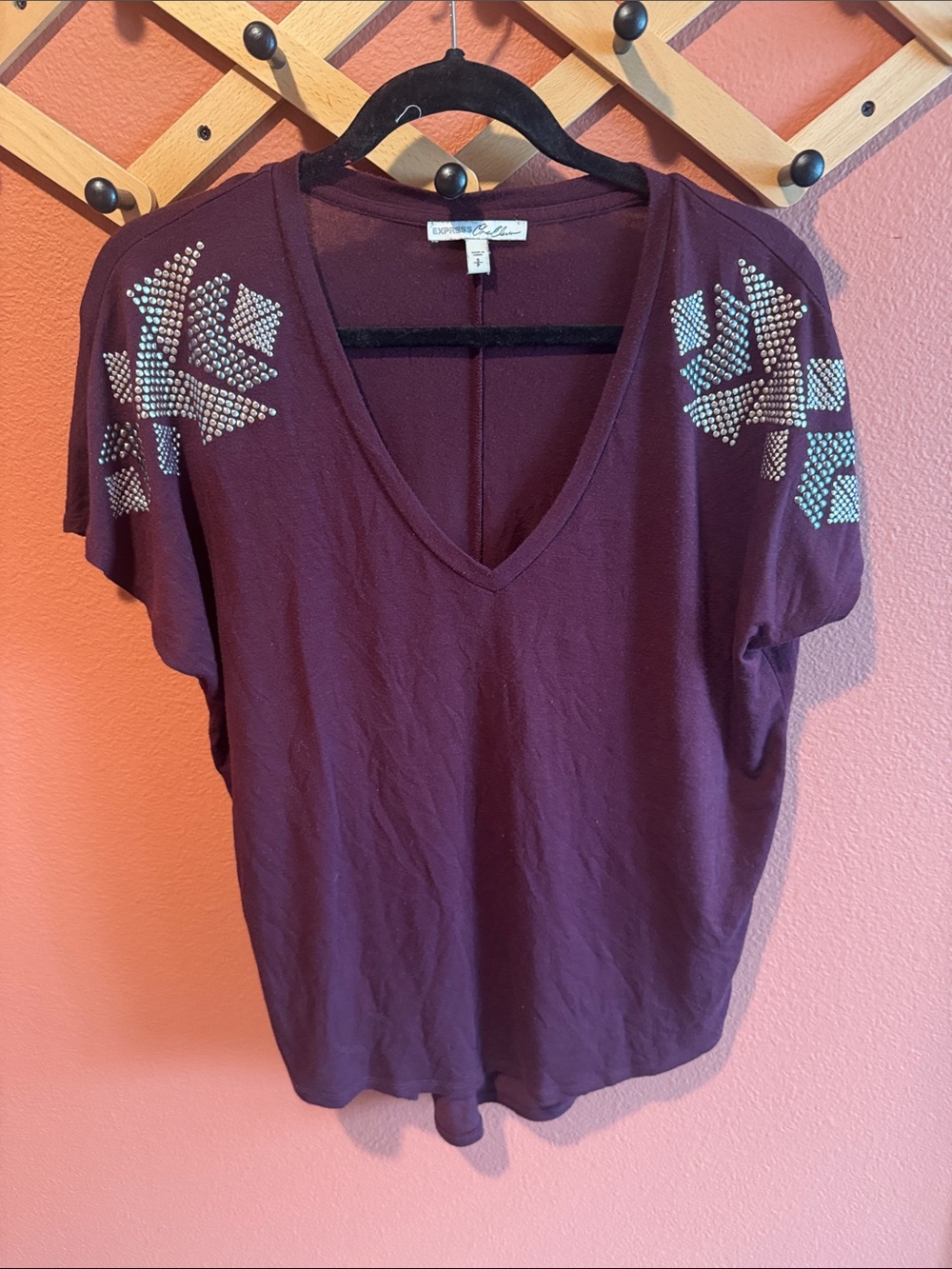 Express Plum Short Sleeve V-Neck Top with Silver Stud Accents